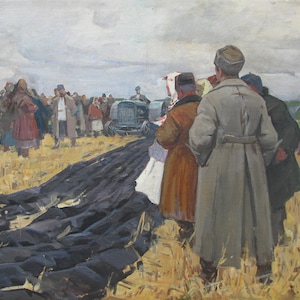 VINTAGE ORIGINAL PAINTING, socialist realism, genre, Work in the field, canvas, oil, painted in the 1970s by Ukrainian artist A. Kiselev