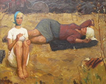 VINTAGE ORIGINAL PAINTING, socialist realism, genre, Spring has come, oil on canvas, painted in 1970 by Ukrainian artist Yu. Chudinov