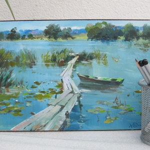 ORIGINALMALEREI, moderne Malerei, Vintage Realismus, Impressionismus, Ölgemälde, Landschaft, Brücke über den Fluss, 2022, Y. Suprunchuk