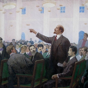VINTAGE ORIGINAL PAINTING, socialist realism, genre painting, Lenin&#39;s performance, oil on canvas, 1960s, artist Ignatiev P.