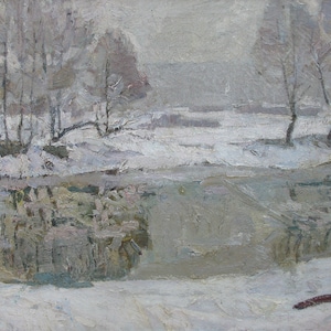 VINTAGE ORIGINAL PAINTING, socialist realism, landscape, Fog, oil on canvas, 1960s, Ukrainian artist M. Kokin