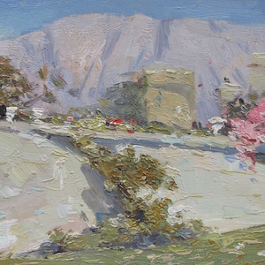 PINTURA ORIGINAL, pintura vintage, pintura moderna, paisaje, paisaje de la ciudad, palacio en flor, óleo sobre cartón, 2002, I. Kalyuzhnaya