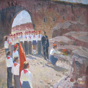 VINTAGE ORIGINAL PAINTING, socialist realism, genre painting, oil on canvas, Pioneers, 1983, author S. Korolchuk