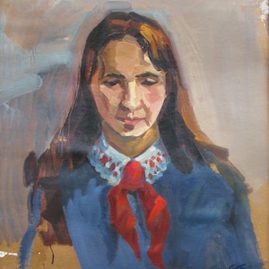 VINTAGE ORIGINAL PAINTING, socialist realism, portrait, pioneer, cardboard, oil, painted in the 1960s by Ukrainian artist K. Yakubek
