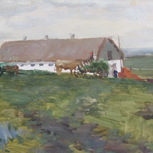 PINTURA ORIGINAL VINTAGE, realismo socialista, gênero, paisagem, Na fazenda, 1952, artista ucraniano V. Mokrozhitsky