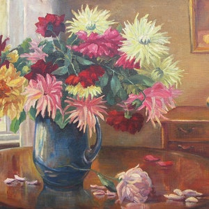 VINTAGE ORIGINAL PAINTING, socialist realism, still life, Asters, oil on canvas, 1954 by Ukrainian artist V. Blagoveshchensky