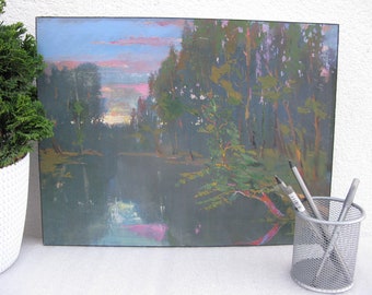 VINTAGE ORIGINAL PAINTING, peinture à l’huile, réalisme, peinture vintage, réalisme socialiste, paysage, Soirée d’été, août 1997, B. Portnoy