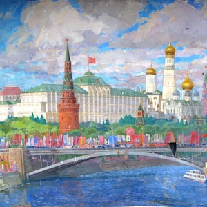 VINTAGE ORIGINAL PAINTING, socialist realism, genre painting, Moscow festive, oil on canvas, 1982, Ukrainian artist S. Shitsyn