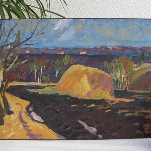 VINTAGE ORIGINAL GEMÄLDE, Ölgemälde, sozialistischer Realismus, Realismus, Impressionismus, Landschaft, Ernte, Heuhaufen, 1971, M. Andriychuk
