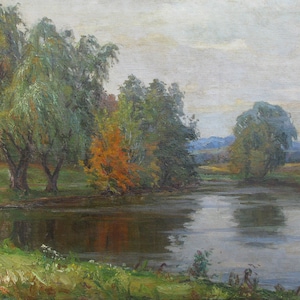 VINTAGE ORIGINAL PAINTING, socialist realism, landscape, Autumn, oil on canvas, 1960s, by Ukrainian artist V. Nepeypivo