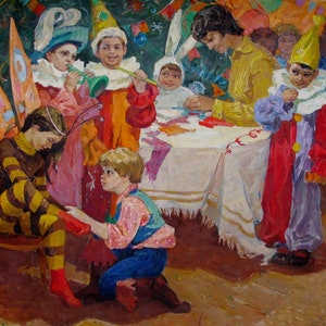 VINTAGE ORIGINAL PAINTING, socialist realism, genre painting, On a children's matinee, canvas, oil, 1960s, Ukrainian artist V. Maksimushkina