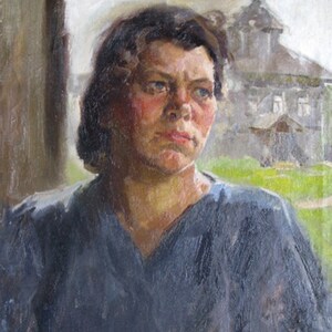 VINTAGE ORIGINAL PAINTING, portrait "Peasant Woman", oil, canvas, painted in 1951, by Ukrainian artist V. Smirnov, socialist realism
