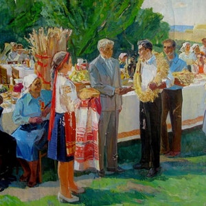 VINTAGE ORIGINAL PAINTING, socialist realism, genre painting, Holiday, oil on canvas, 1975, Ukrainian artist T. Naumova
