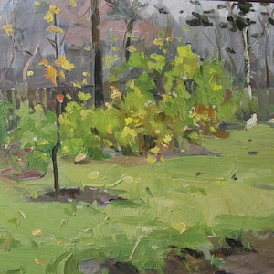 VINTAGE ORIGINAL PAINTING, realismo socialista, género, paisaje, Young Garden, óleo sobre cartón, 1971, artista ucraniano I. Kabysh