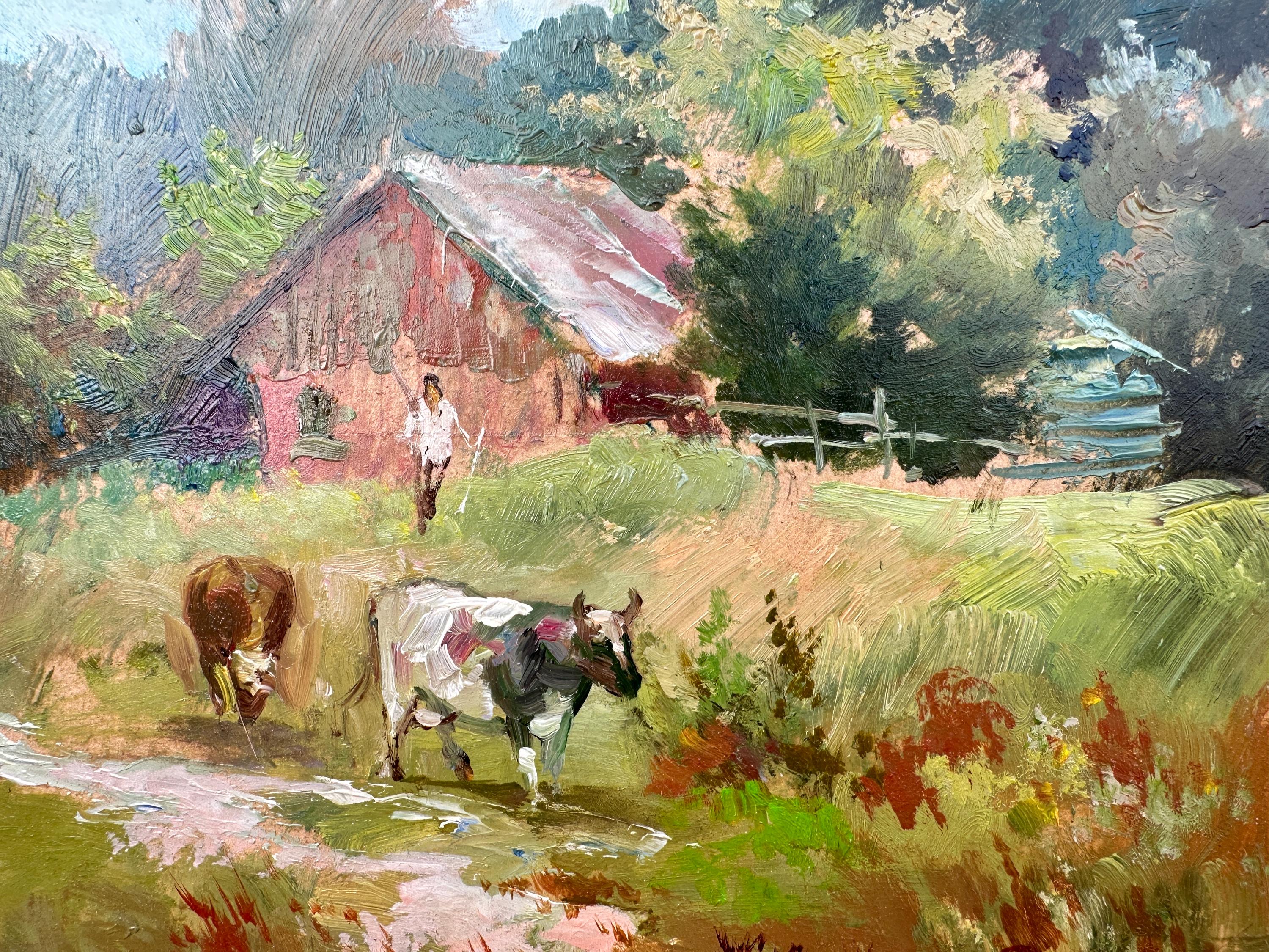 田園風景油絵、牧草地の牛、印象派、21 x 21 cm - Etsy 日本