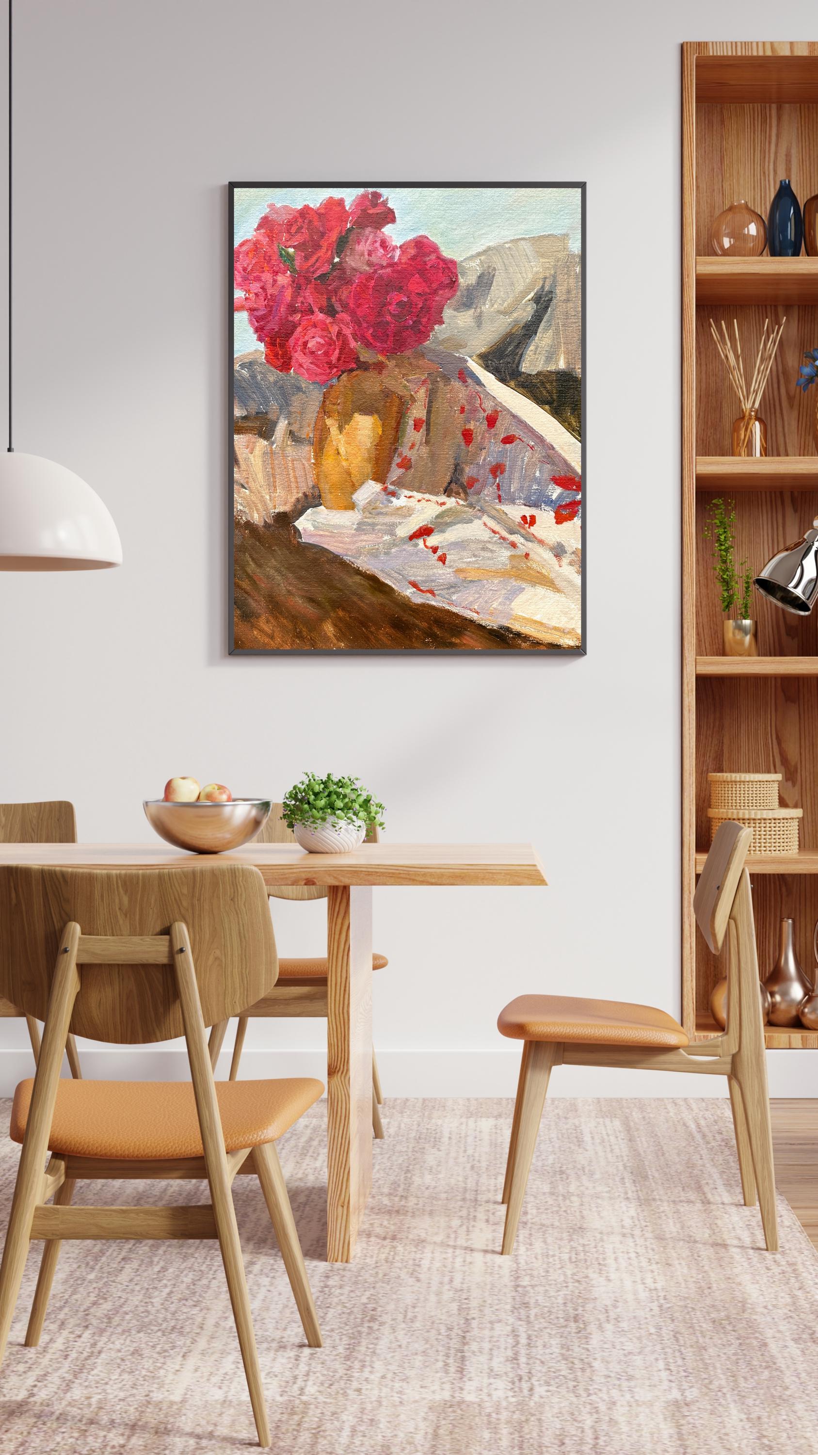 VINTAGE PAINTING, oil painting, vintage realism, socialist realism, impressionism, still life, Bouquet of roses, artist V. Soghoyan