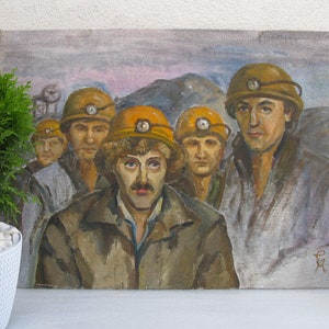 VINTAGE ORIGINAL MALEREI, Ölgemälde, Sozialistischer Realismus, Vintage Realismus, Impressionismus, Landschaft, Genre, Bergleute, 1973, E. Milyar
