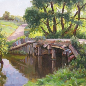 VINTAGE ORIGINAL PAINTING, sozialistischer Realismus, Genre, Landschaft, Brücke über den Fluss, Pappe, Öl, 1980er Jahre, Künstler I. Goncharenko.