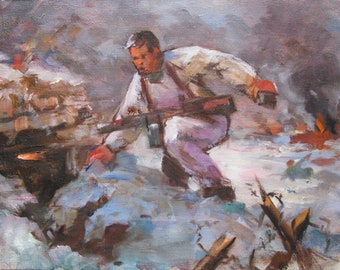 VINTAGE ORIGINAL PAINTING, socialist realism, genre, landscape, In battle, oil on canvas, 1980s, artist V. Simashkevich