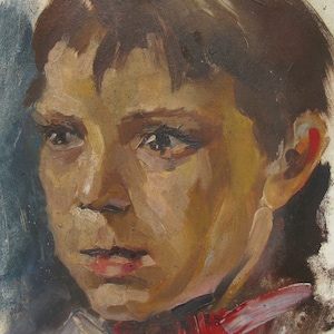 VINTAGE ORIGINAL PAINTING, socialist realism, portrait, Boy, cardboard, oil, painted in the 1980s by Ukrainian artist A Ataev