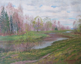 VINTAGE ORIGINAL PAINTING, peinture à l’huile, réalisme socialiste, paysage, printemps, 2002, artiste L. Litvin