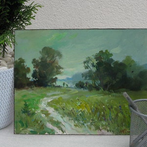 VINTAGE ORIGINAL GEMÄLDE, Ölmalerei, Sozialer Realismus, Landschaft, Impressionismus, Weg in die Ferne, 2020, Künstlerin Yu. Suprunchuk