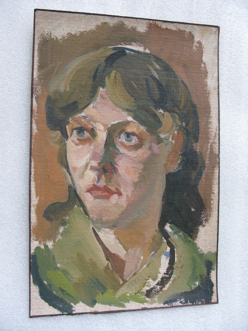 VINTAGE ORIGINAL PAINTING, socialist realism, genre, portrait, Girl, oil on cardboard, 1990s, Ukrainian artist Z. Osadtsa image 2
