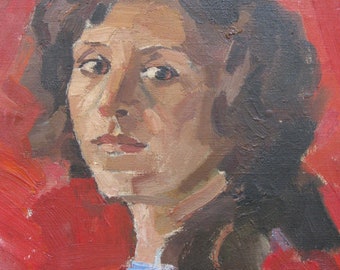 VINTAGE ORIGINAL PAINTING, oil on canvas, Ukrainian artist I.A. Galaganov "Portrait of the Pioneer", socialist realism