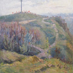 VINTAGE ORIGINAL PAINTING, socialist realism, cityscape, Zhytomyr, oil on canvas, painted in 1981 by Ukrainian artist L. Sheludko