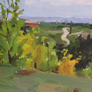 PINTURA ORIGINAL VINTAGE, realismo socialista, género, paisaje, principios de otoño, óleo sobre cartón, 1960, artista ucraniano I. Kabysh