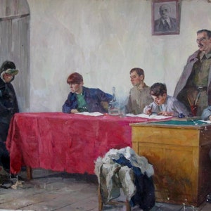 VINTAGE ORIGINAL PAINTING, socialist realism, genre painting, Makarov in the commune, oil on canvas, 1966, Ukrainian artist V.Ladeishchikov