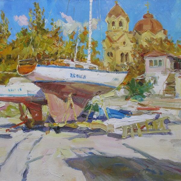 VINTAGE ORIGINAL PAINTING, socialist realism, genre, landscape, Boat station, oil on canvas, 1994, Ukrainian artist S. Ruban