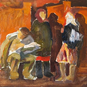 VINTAGE PINTURA ORIGINAL, realismo socialista, género, paisaje, En la granja, óleo sobre cartón, 1972, artista ucraniano Y. Lyubavin