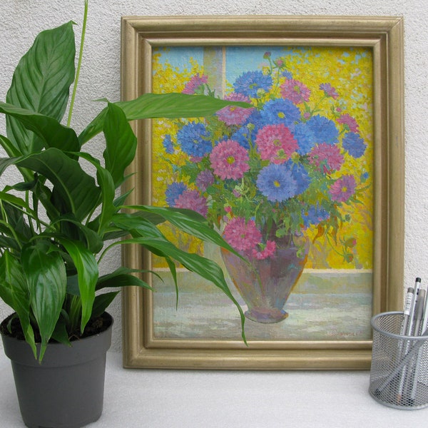 VINTAGE ORIGINAL PAINTING, oil painting, vintage realism, modern painting, still life, flowers, Bouquet of aster, 1997, artist V. Savenets