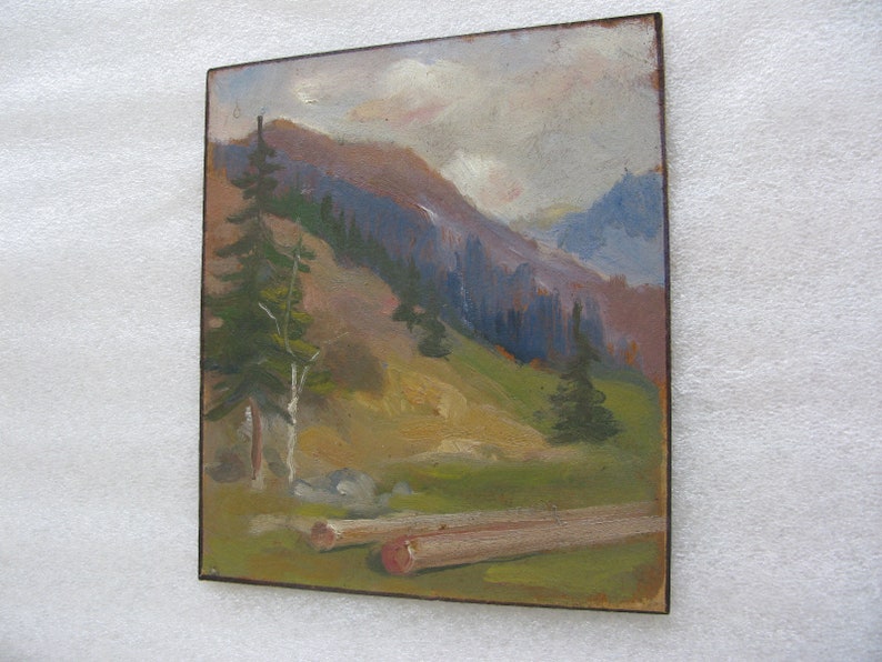 landscape Ukrainian artist K VINTAGE ORIGINAL PAINTING oil on cardboard 1990s In the mountains socialist realism Yakubek