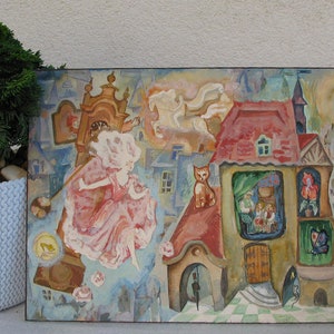 PINTURA ORIGINAL VINTAGE, pintura a óleo, realismo social, gênero, pintura para crianças, contos de fadas, contos populares, 1987, artista A. Zhegunov