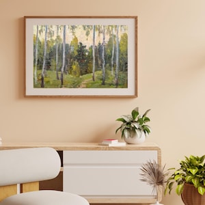 PINTURA VINTAGE, pintura al óleo, realismo vintage, realismo socialista, paisaje, bosque de abedules, artista V. Nesterov