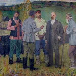 May include: A painting depicting a group of men standing in a field. The men are dressed in various styles of clothing, including a suit, a military uniform, and peasant attire. The painting is set against a backdrop of a rural landscape with trees and a village in the distance.