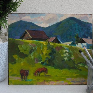 VINTAGE ORIGINAL GEMÄLDE, Ölgemälde, Sozialer Realismus, Vintage, Realismus, Impressionismus, Landschaft, Auf der Weide, 1963, M. Andriychuk
