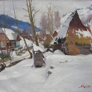 VINTAGE ORIGINAL PAINTING, socialist realism, landscape, Winter, oil on canvas, painted in 1958 by Ukrainian artist K. Yakubek