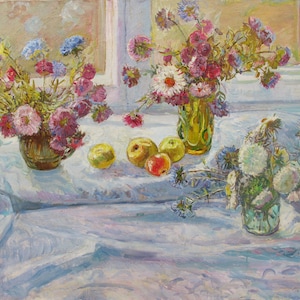 VINTAGE ORIGINAL PAINTING, socialist realism, still life, Asters, oil on canvas, painted in 1979 by Ukrainian artist A. Shkurko