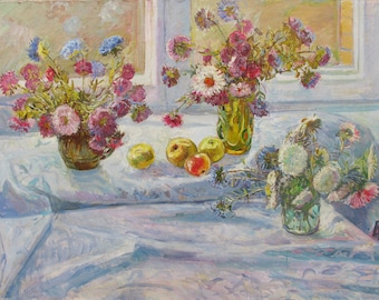 VINTAGE ORIGINAL PAINTING, socialist realism, still life, Asters, oil on canvas, painted in 1979 by Ukrainian artist A. Shkurko