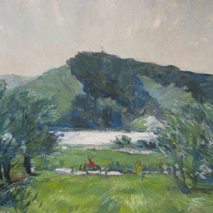 VINTAGE PINTURA ORIGINAL, realismo socialista, paisaje, por el lago, cartón, óleo, pintado en 1988 por el artista ucraniano K. Lytvyn