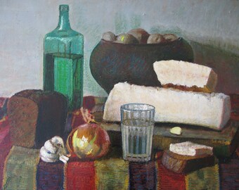 モダンオリジナル絵画、油絵、社会主義リアリズム、静物画、食べ物、鍋