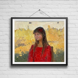 May include: A painting of a young girl with long brown hair wearing a red sweater. She is standing in front of a yellow and green background.