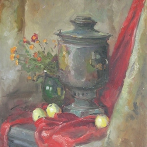May include: A still life painting featuring a silver samovar, a bouquet of orange flowers in a green vase, and three yellow apples on a red cloth.
