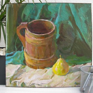 VINTAGE ORIGINAL GEMÄLDE, Ölgemälde, Sozialer Realismus, Vintage, Impressionismus, Stillleben, Tasse und Birne, 1970, Künstler M. Andriychuk