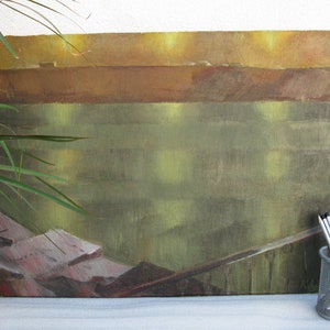 VINTAGE ORIGINAL GEMÄLDE, Ölmalerei, Vintage Realismus, sozialistischer Realismus, Impressionismus, Landschaft, Sonnenuntergang, 1985, Künstler K. Litvin