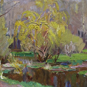 VINTAGE PINTURA ORIGINAL, realismo socialista, género, paisaje, willow en un estanque, óleo sobre cartón, 1963, artista ucraniano Y. Lyubavin