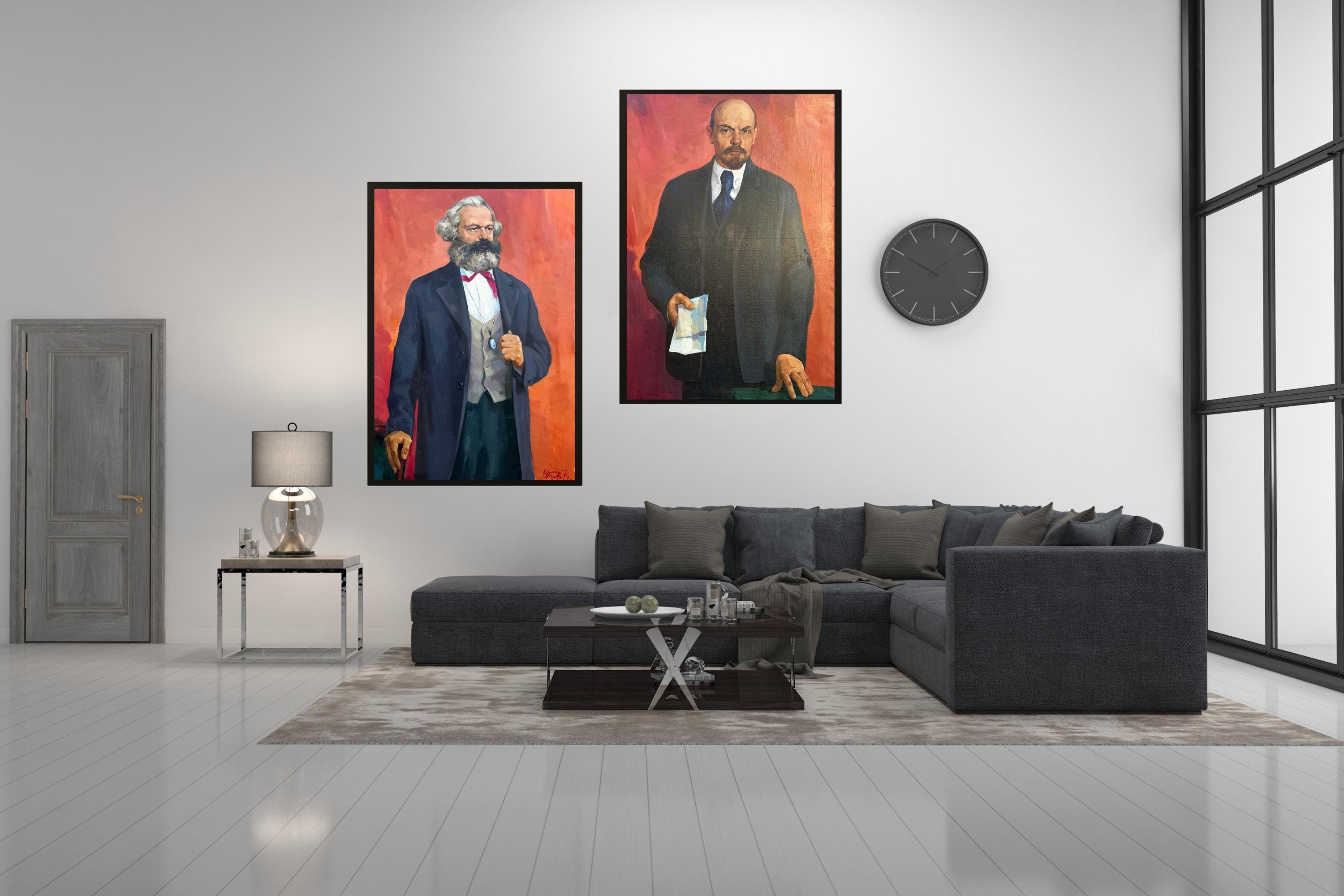 VINTAGE PAINTING, oil painting, socialist realism, portrait, male portrait, paired portrait of Lenin and Marx, artist V. Pirogov